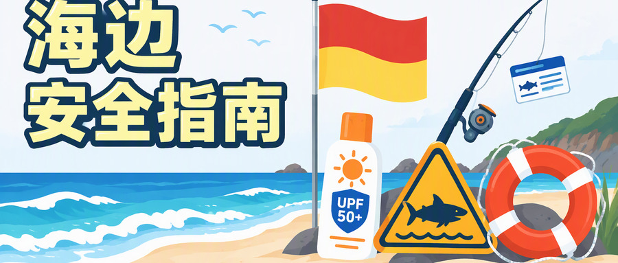 公众号头图：澳洲海边安全指南，标题在左、海滩安全元素在右