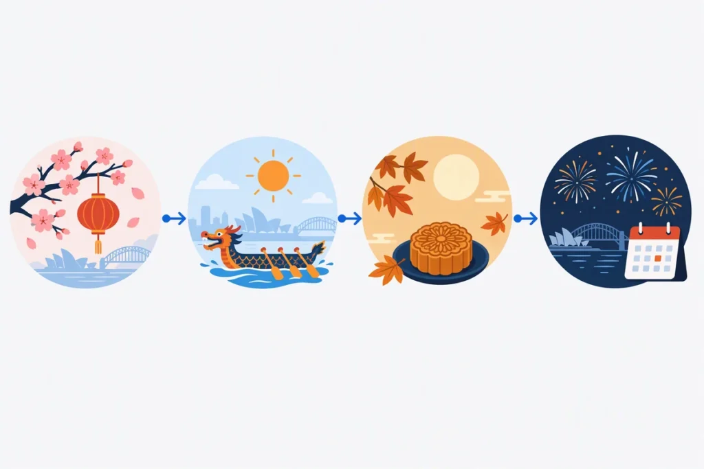澳洲华人节庆四季时间轴示意图，春樱灯笼、夏龙舟、秋月饼满月、冬烟花日历