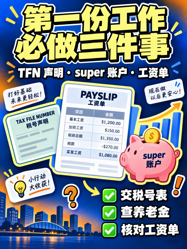 澳洲第一份工作必做三件事小红书封面，含交税号表、查养老金、核对工资单三条绿色勾选清单