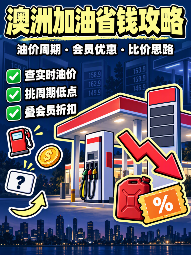 小红书封面：澳洲加油省钱攻略，含查实时油价、挑周期低点、叠会员折扣三要点清单