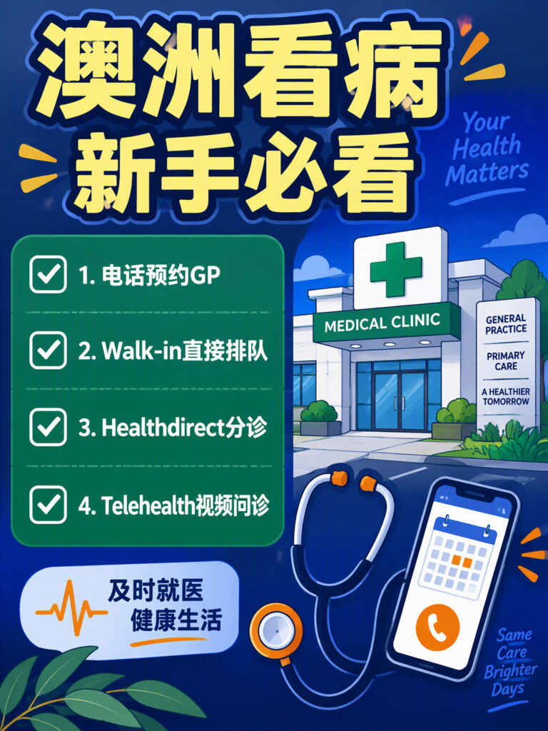 澳洲看病新手必看：电话预约GP、Walk-in排队、Healthdirect分诊和Telehealth问诊清单