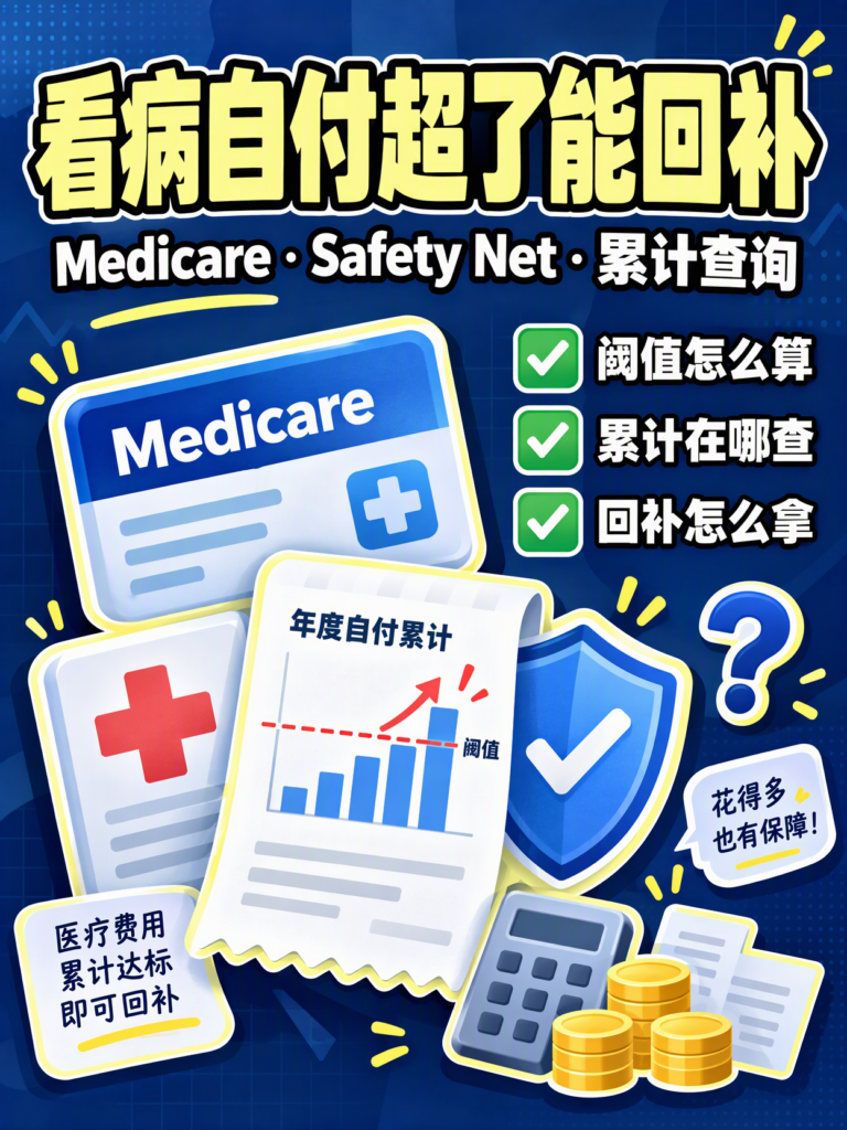 澳洲 Medicare Safety Net 小红书封面，含年度自付累计、阈值查询与回补三步骤清单