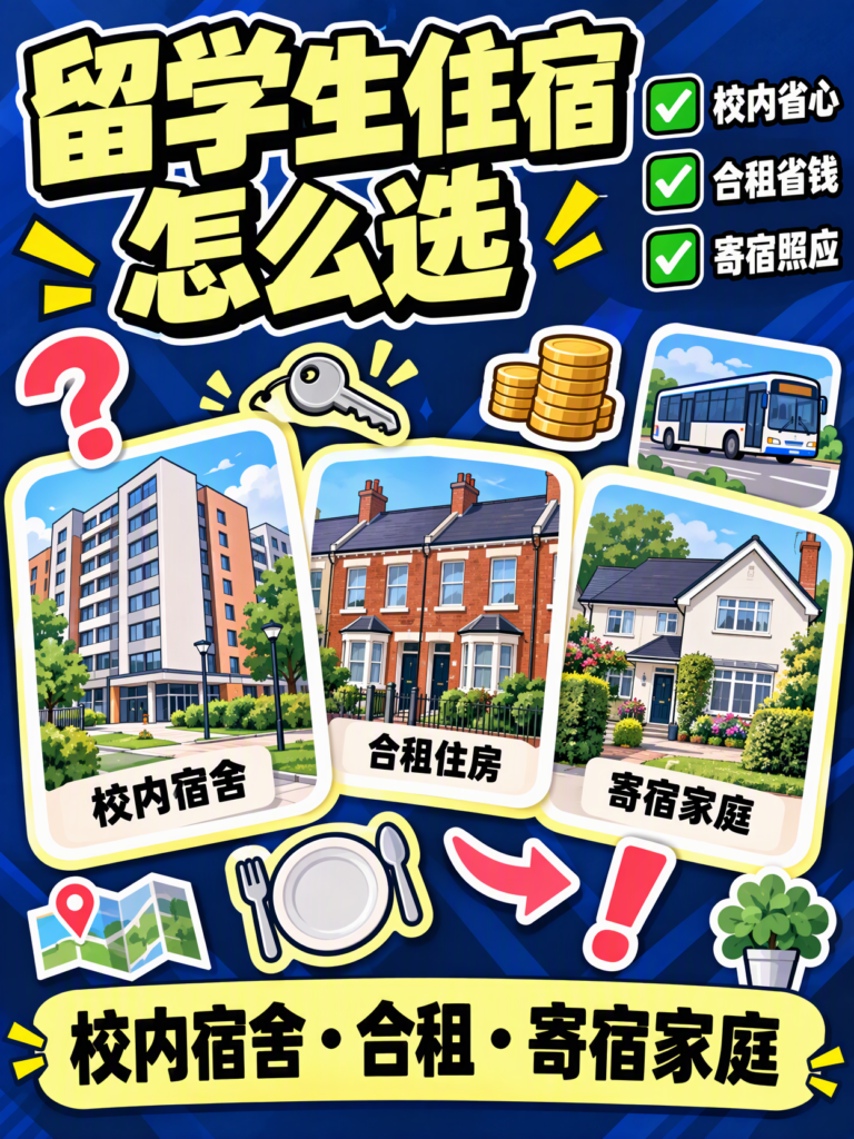小红书封面：留学生住宿怎么选，校内省心、合租省钱、寄宿照应三条勾选清单
