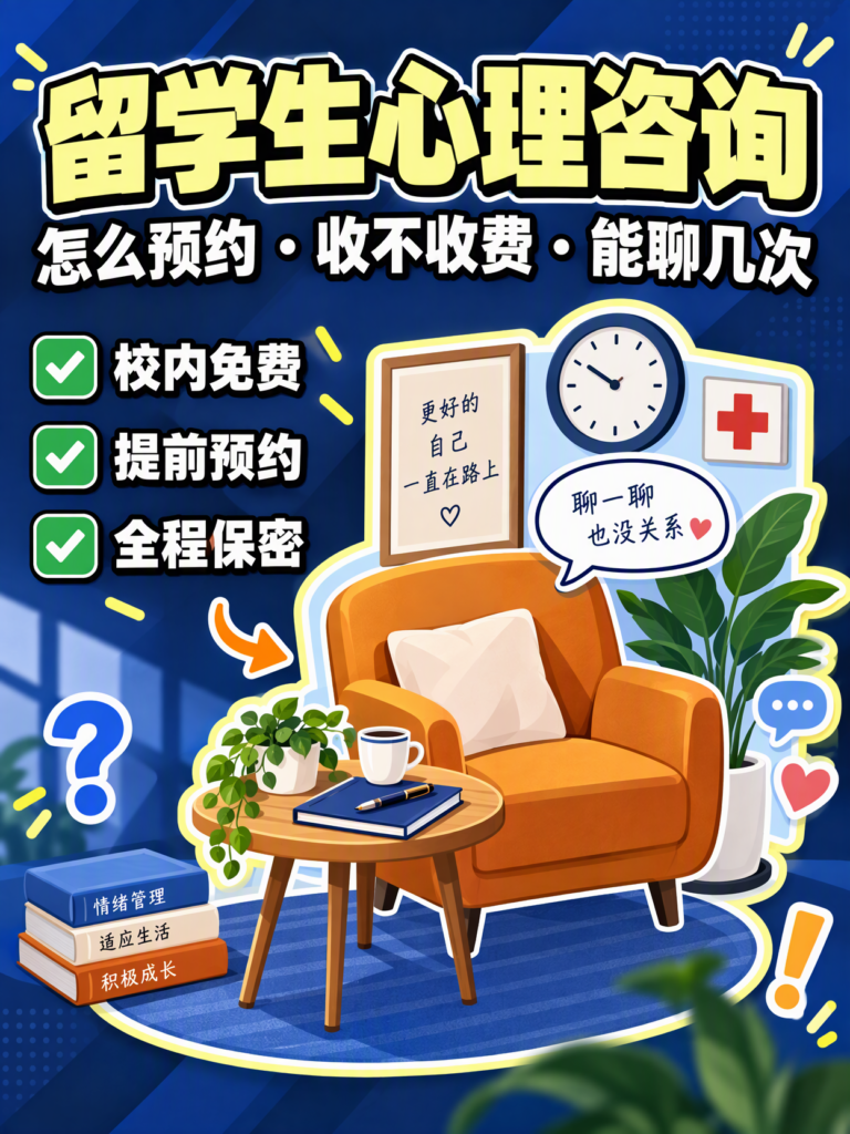 澳洲留学生心理咨询小红书封面：怎么预约、收不收费、能聊几次，校内免费、提前预约、全程保密
